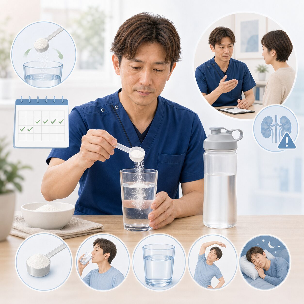 クレアチンは水分と一緒に体調を見ながら安全に使うことが大切です