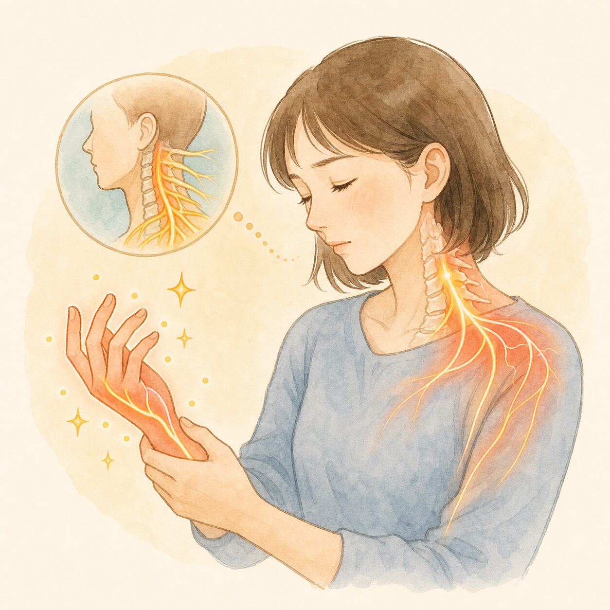 腕や手のしびれは、首から伸びる神経が関係することがあります