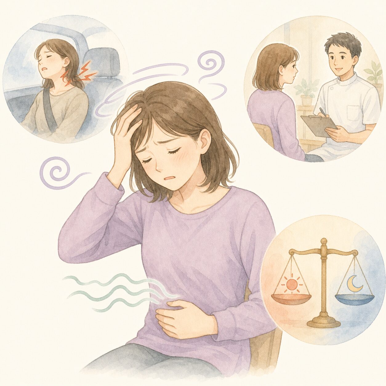 めまいや吐き気、だるさは事故後の緊張や自律神経の乱れと関係することがあります