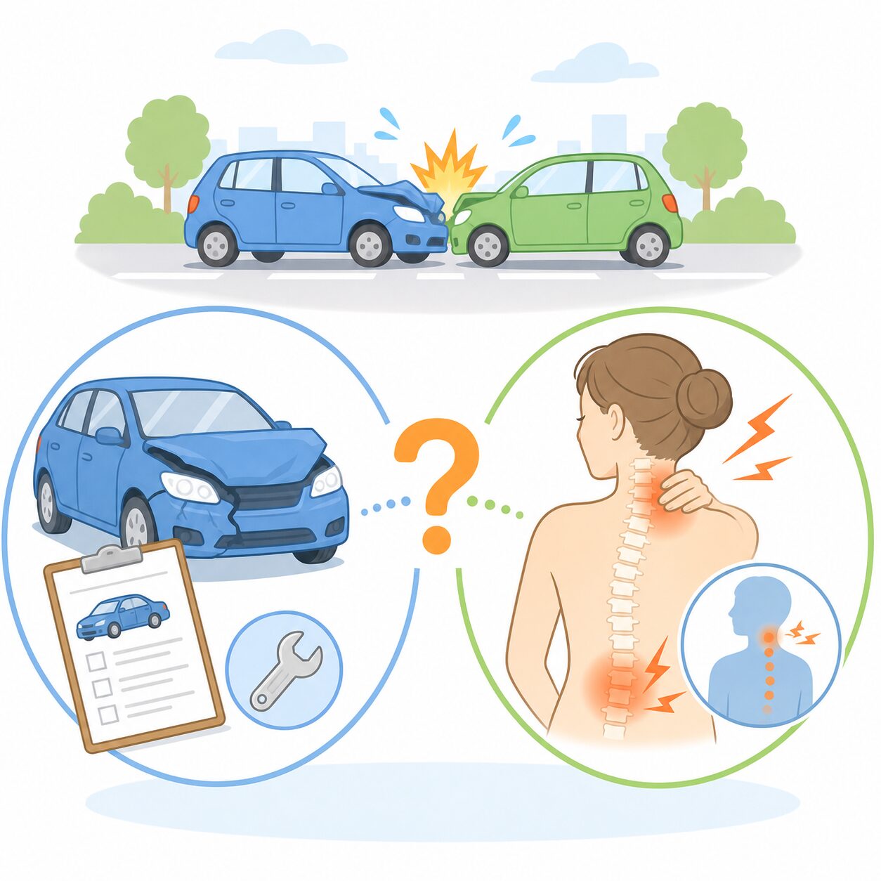 車の修理代と体の回復は関係しますが、同じ物差しでは測れません