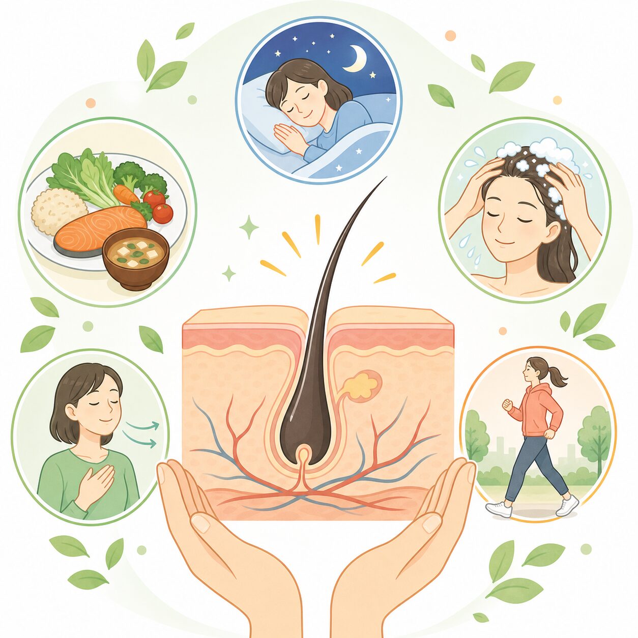 発毛の土台は、頭皮ケア、睡眠、食事、運動、ストレスケアの積み重ねです