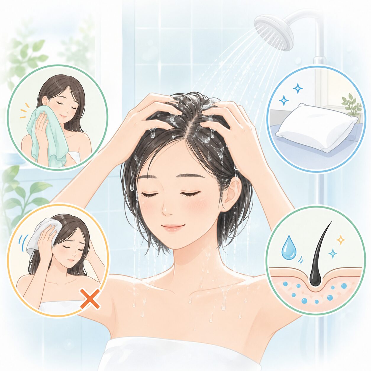 頭皮は爪でこすらず、指の腹でやさしく洗い、乾かし方も丁寧にします