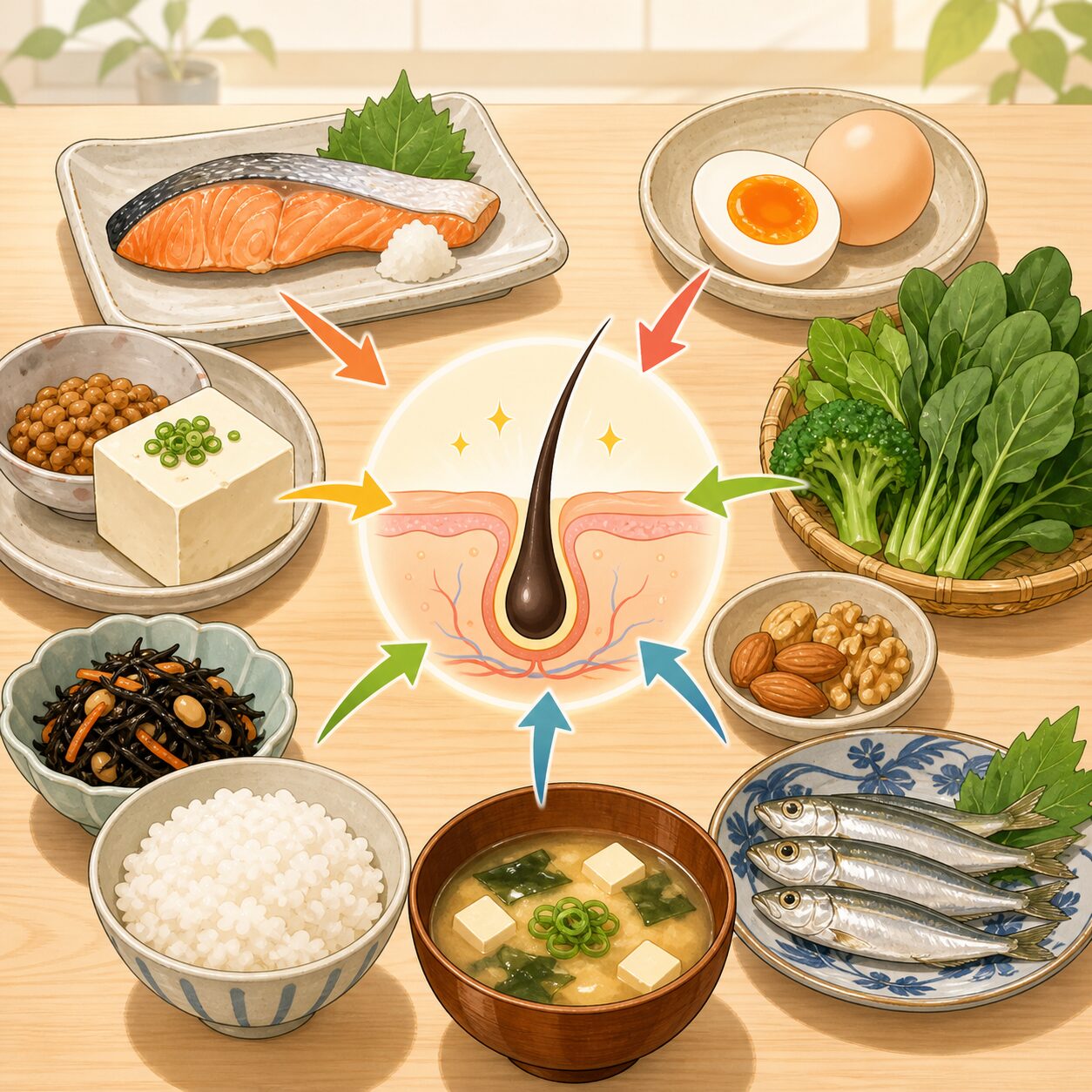 髪の材料は、たんぱく質、鉄、亜鉛、ビタミン、脂質などを含む日常の食事から届きます