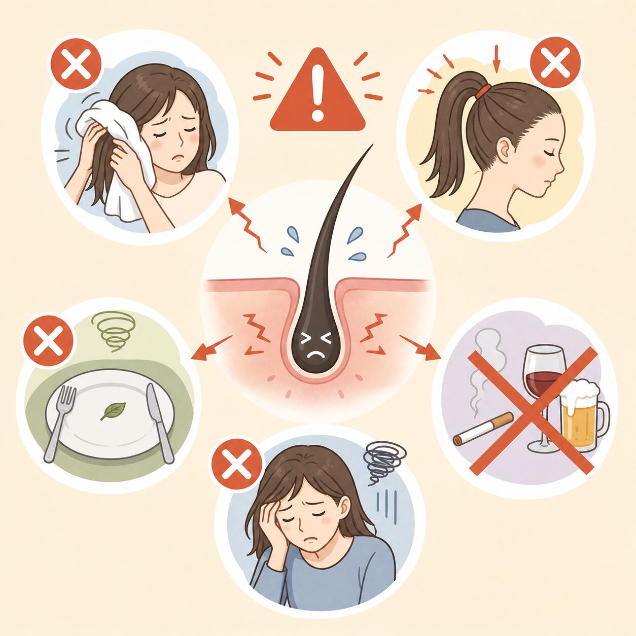 強いこすり洗い、きつい髪型、極端な食事制限、慢性ストレスは髪の土台を乱しやすくします