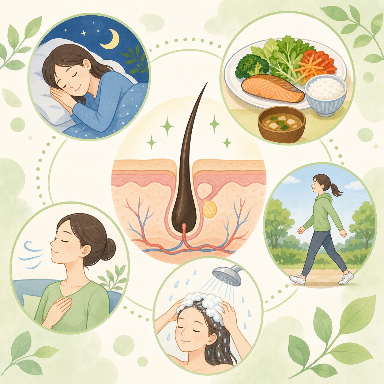 睡眠、食事、運動、ストレスケア、頭皮の清潔さは髪の土台になります