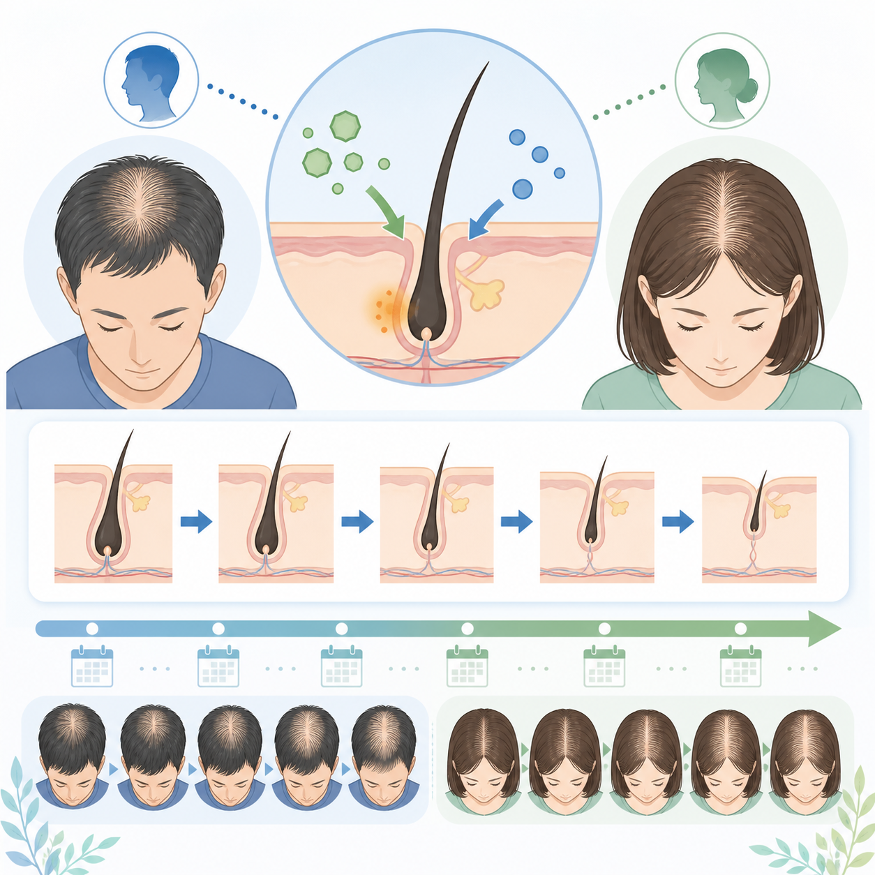 男性型脱毛症と女性型脱毛症で毛が細くなる様子のイラスト