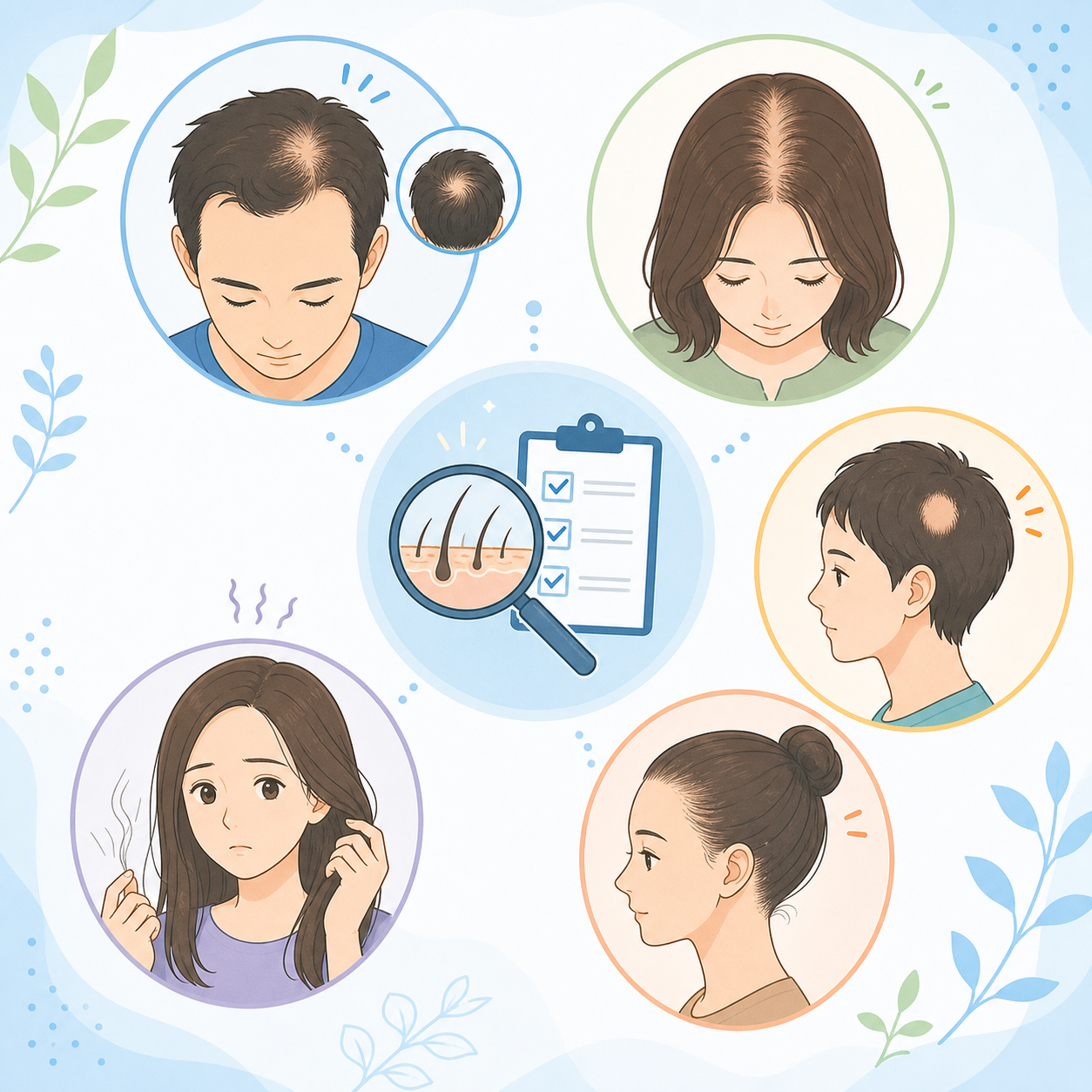 脱毛の種類を5つに分類した頭皮と髪のイラスト