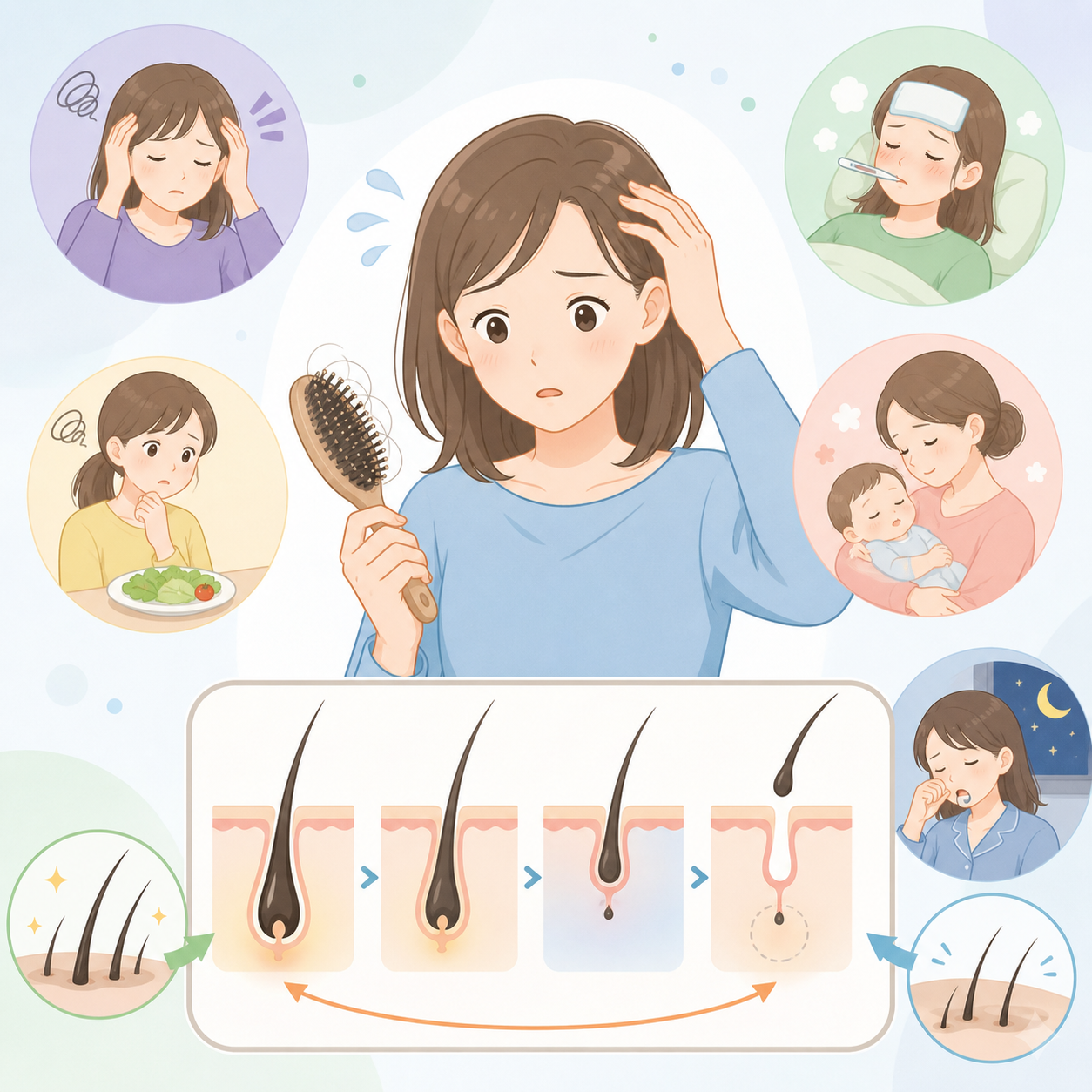 睡眠不足や栄養不足やストレスで髪が弱る流れのイラスト