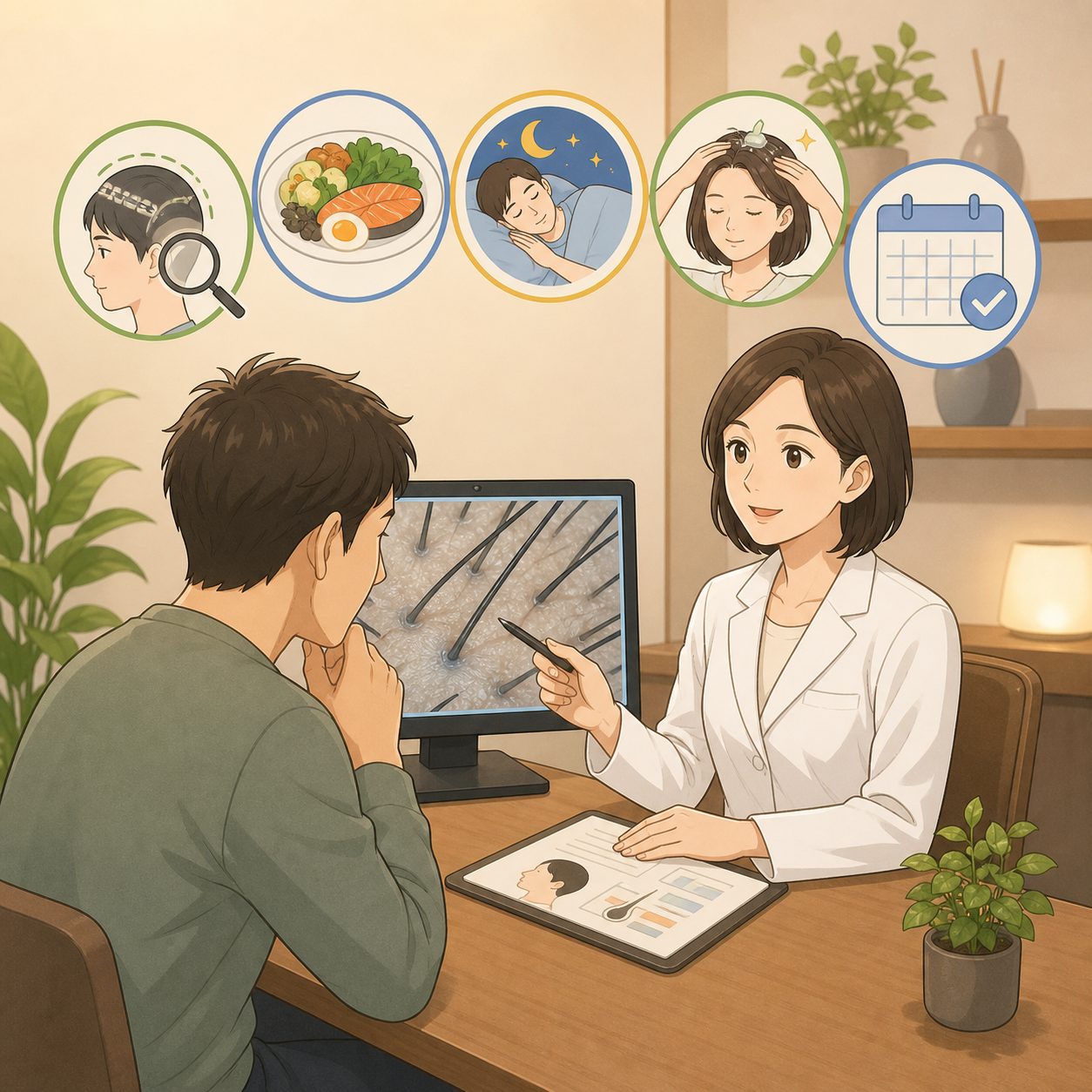 小松島で頭皮チェックと発毛相談を受ける様子のイラスト