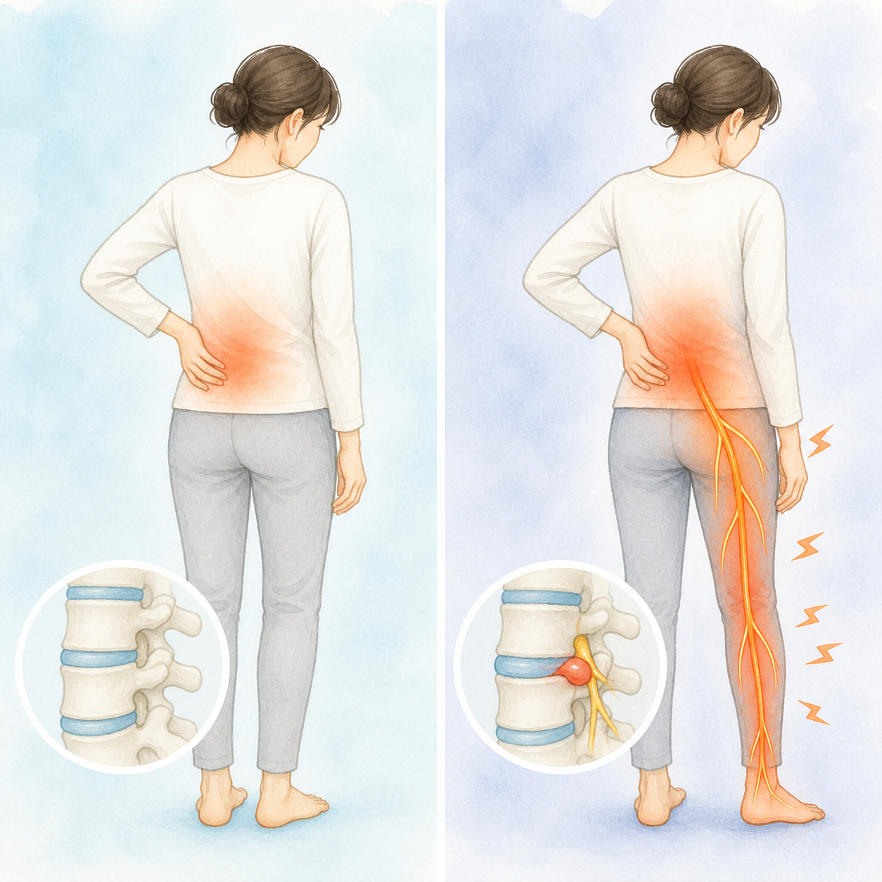 腰だけの痛みと足まで広がる神経症状を比べたイラスト