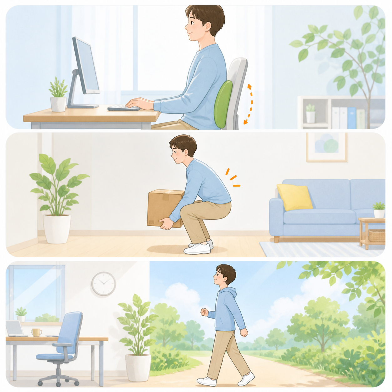 腰椎椎間板ヘルニアの日常生活での注意点を表すイラスト