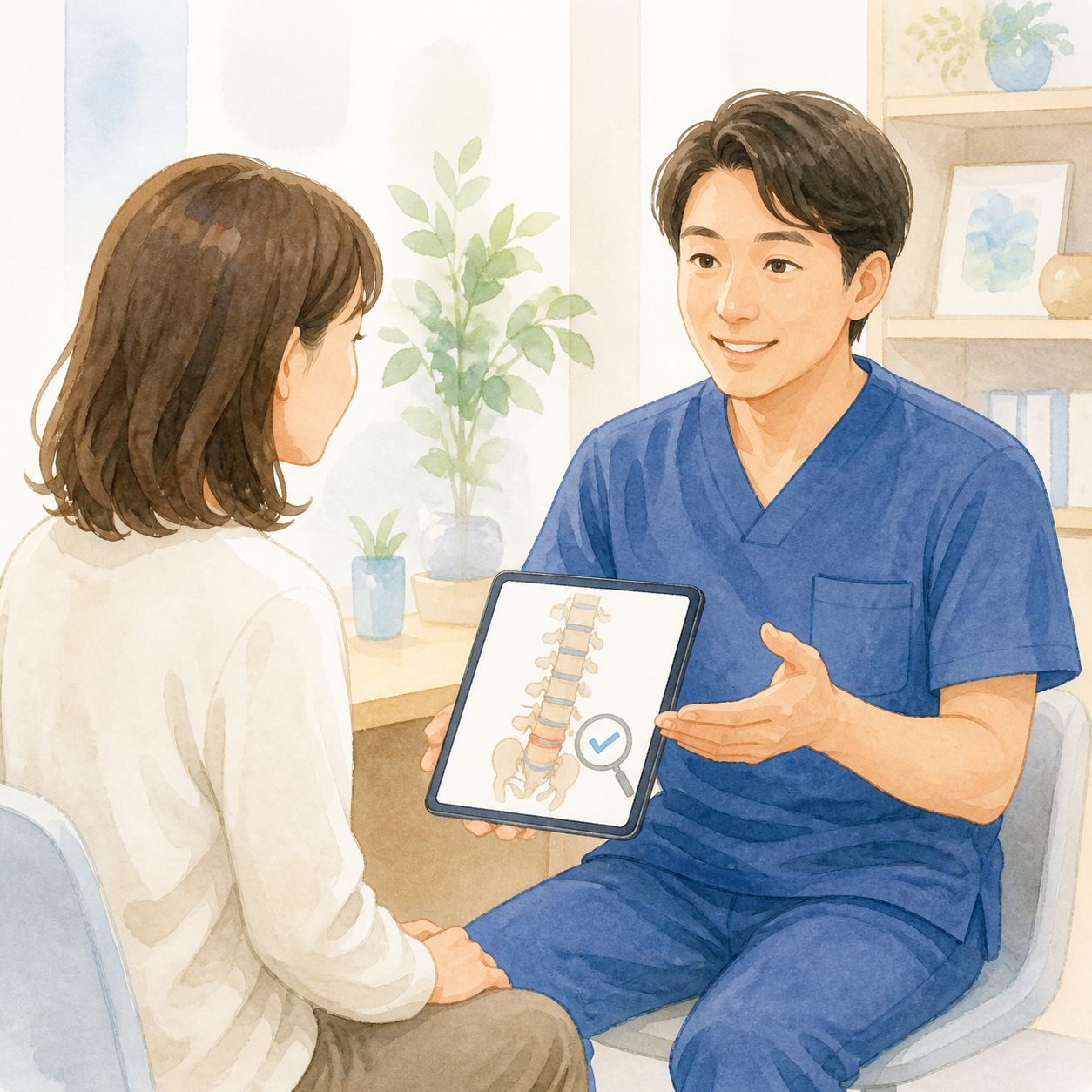 小松島の整骨院で腰痛としびれについて相談するイラスト