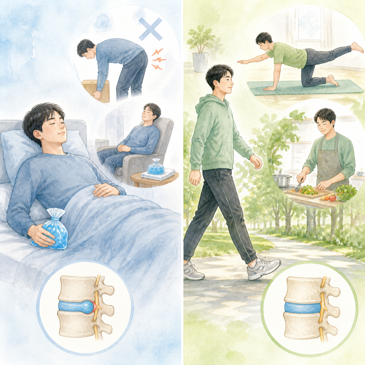 急性期と慢性期の腰椎椎間板ヘルニア対処法を比較したイラスト