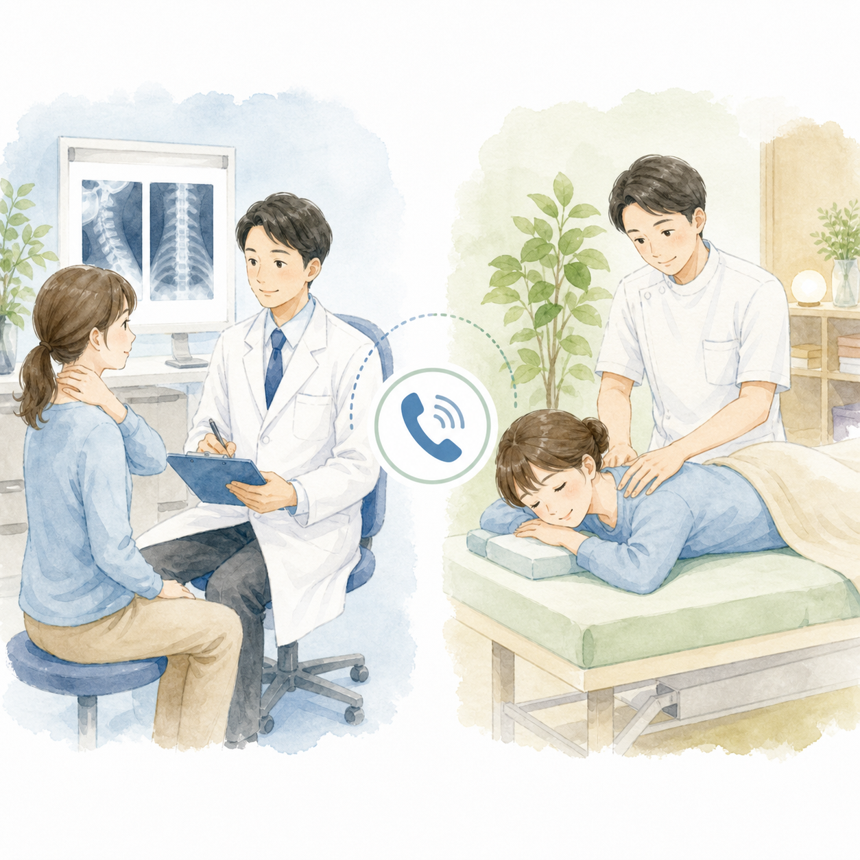 病院と整骨院が交通事故後の体を連携して支えるイメージ