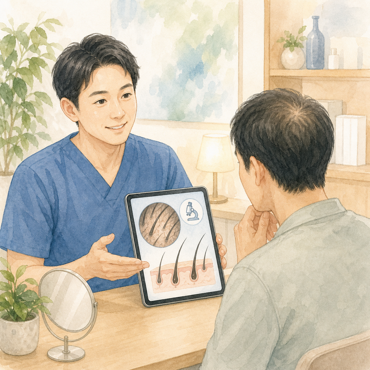 小松島の整骨院で薄毛と発毛について相談するイラスト