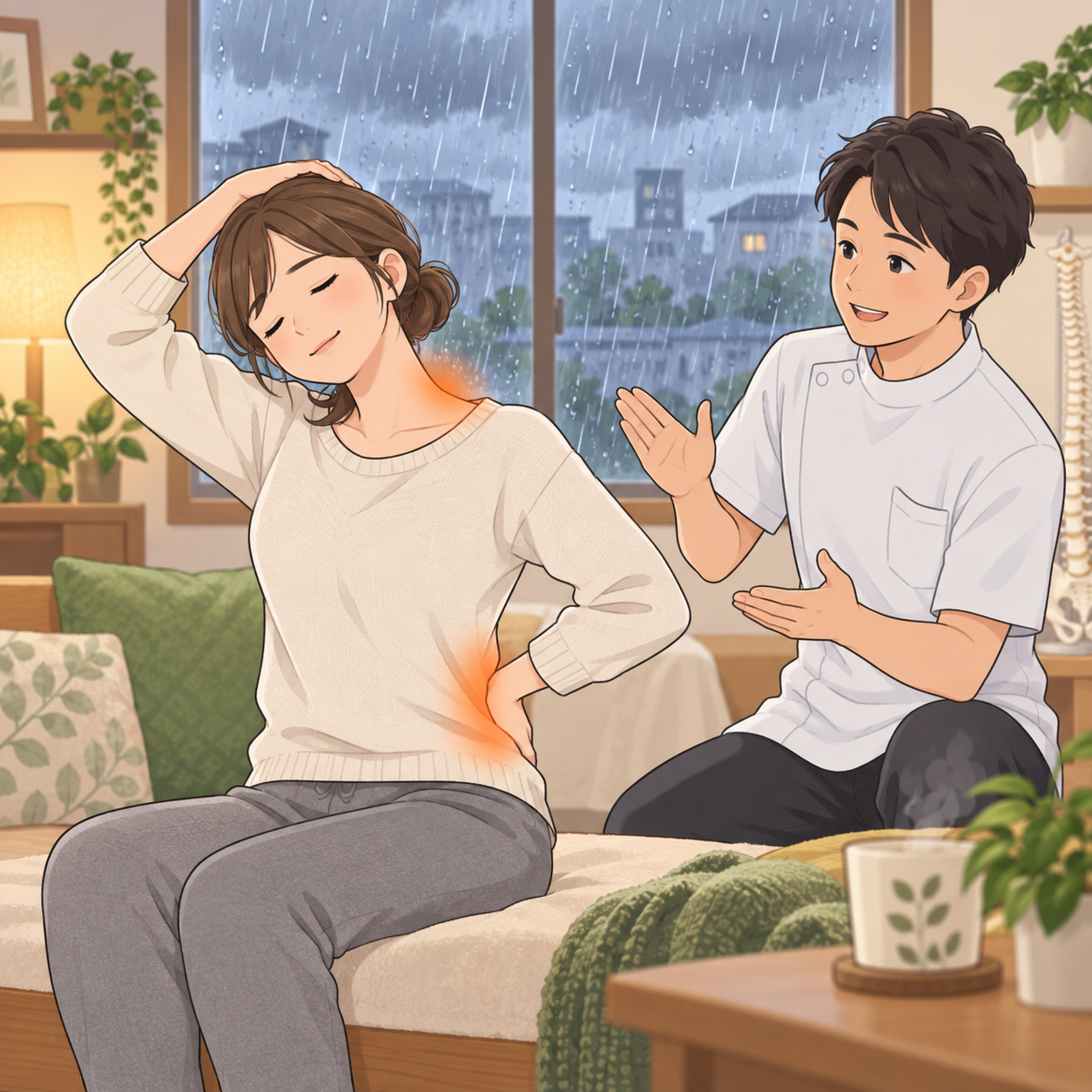 雨や寒さで首・腰の筋肉がこわばりやすくなるイラスト