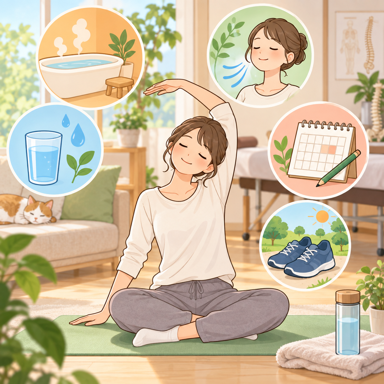 交通事故後の天気痛をやわらげる日常ケアのイラスト