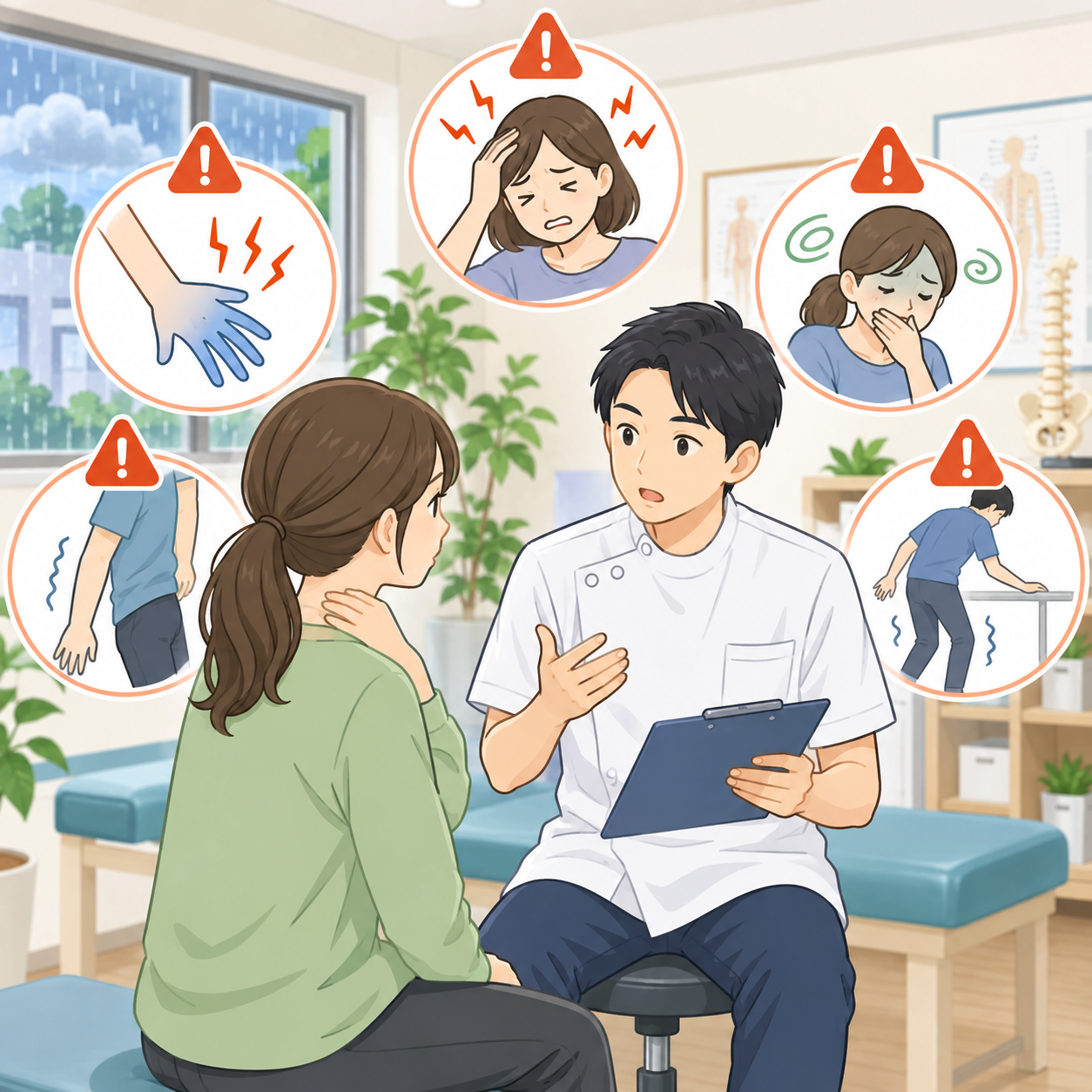交通事故後の天候による痛みと危険サインを相談するイラスト